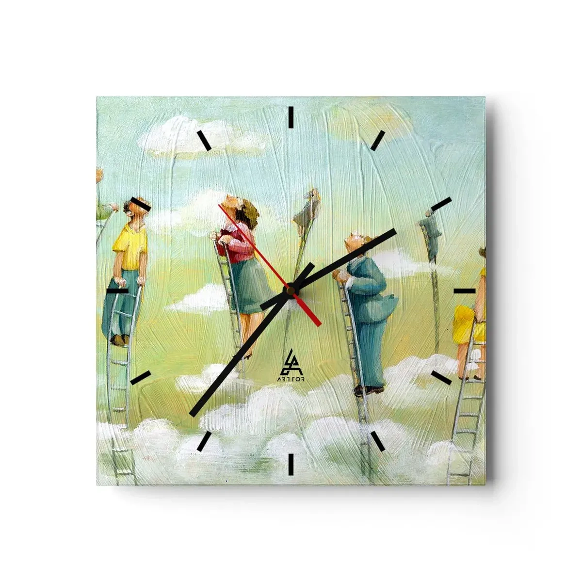 Wanduhr - Glasuhr - Figuren, die auf pastellfarbenem Hintergrund zwischen Wolken Leitern hochklettern. - 30x30cm - Hinter deinem Traum - Moderne Wanddekoration für Wohnzimmer und Schlafzimmer ARTTOR