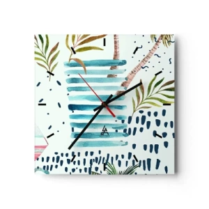Wanduhr - Glasuhr - Abstraktes Muster mit Palmen und nautischen Akzenten - 30x30cm - Urlaub unter Palmen - Moderne Wanddekoration für Wohnzimmer und Schlafzimmer ARTTOR