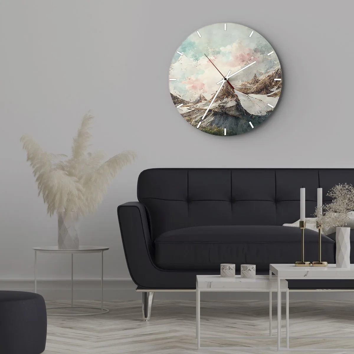 Wanduhr - Glasuhr - Malerische Berggipfel vor einem pastellfarbenen Wolkenhimmel - 30x30cm - Felsklingen - Moderne Wanddekoration für Wohnzimmer, Küche und Schlafzimmer ARTTOR