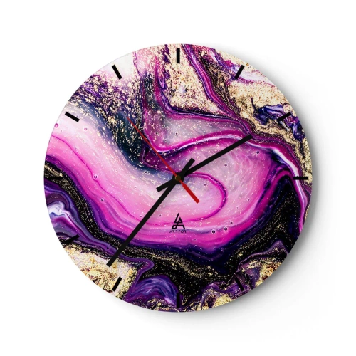 Wanduhr - Glasuhr - Ein abstraktes Muster in Lila- und Goldtönen mit einem wirbelnden Motiv. - 30x30cm - Ein Moment hinter den Kulissen - Moderne Wanddekoration für Wohnzimmer, Küche und Schlafzimmer ARTTOR