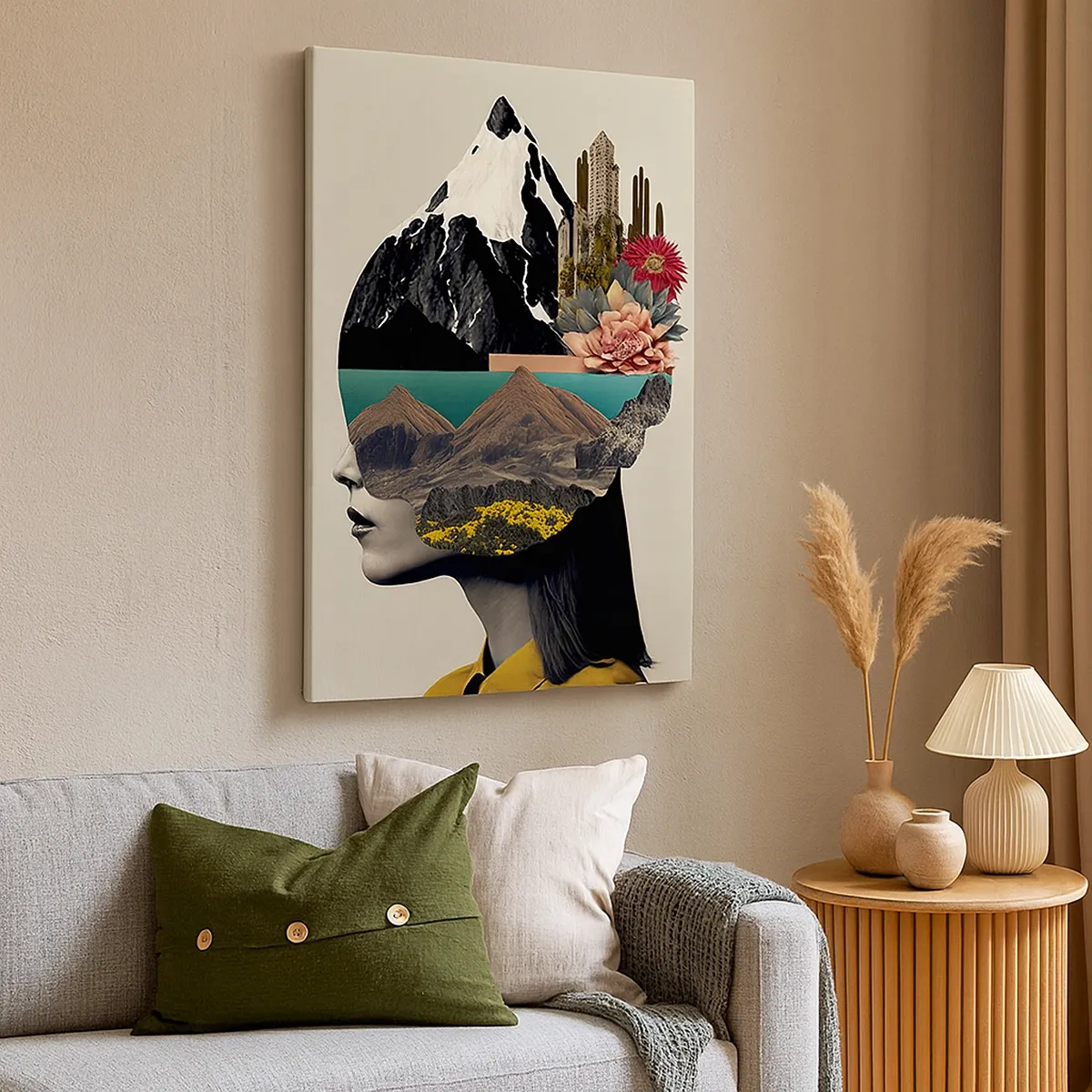 Bild auf Leinwand - Leinwandbild - Collage einer Frau mit Berglandschaft und Blumen - 50x70cm - Frau – bleibt immer ein Geheimnis - Moderne Wanddekoration für Wohnzimmer und Schlafzimmer ARTTOR