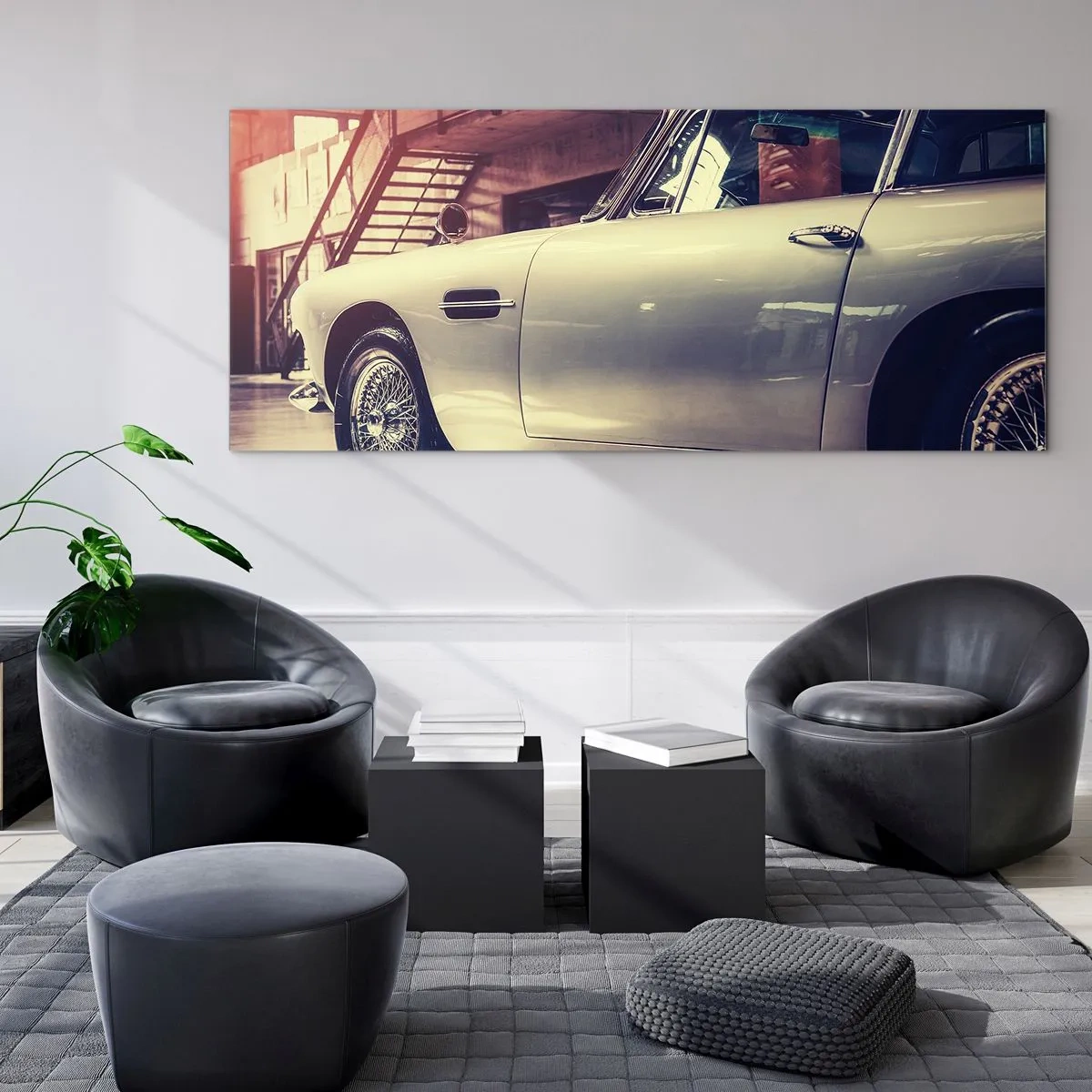 Glasbild - Bild auf glas - Ein Oldtimer in einer stilvollen Garage mit industriellem Interieur - 120x50cm - Die Klassiker werden nicht alt - Moderne Wanddekoration für Wohnzimmer und Schlafzimmer ARTTOR