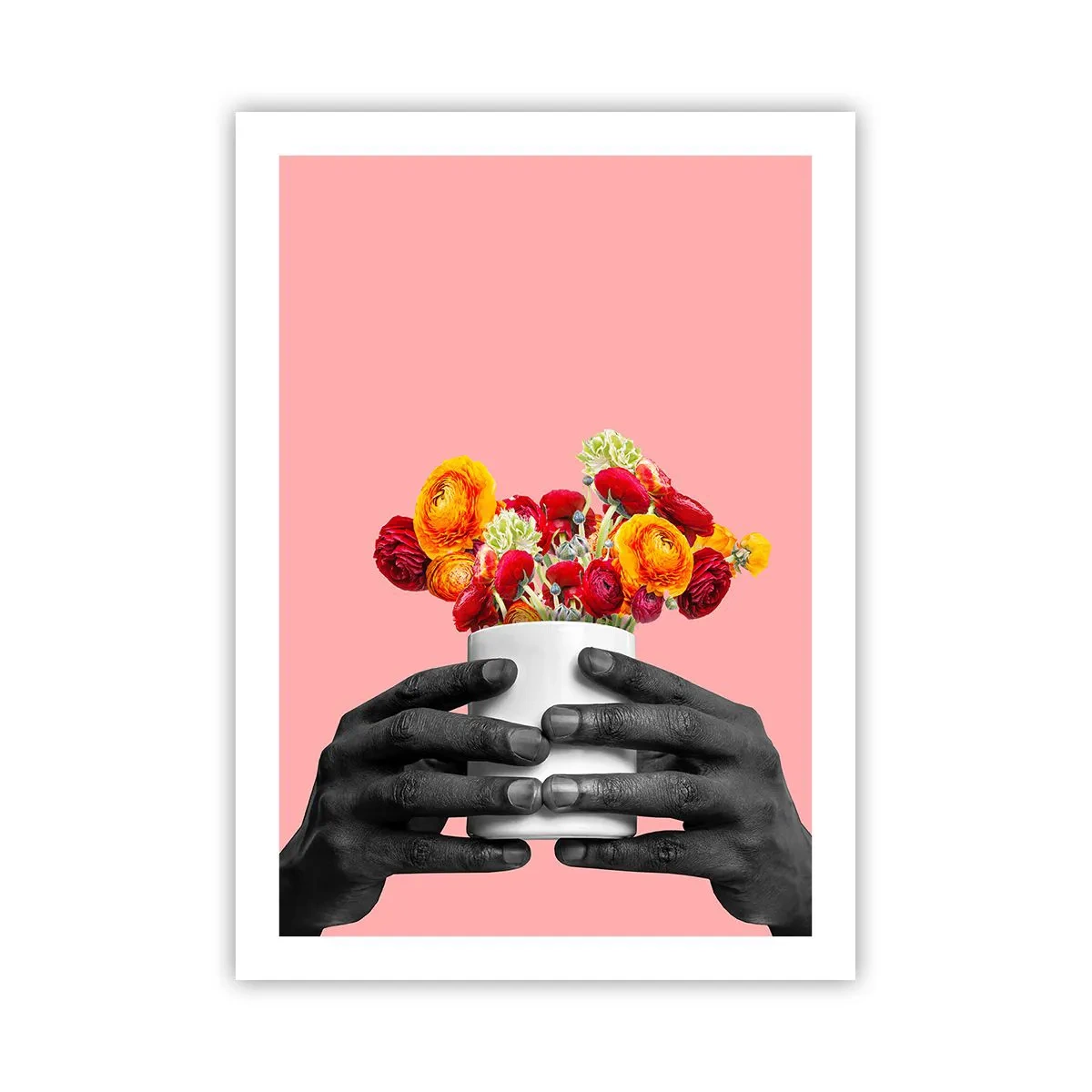 Poster - Schwarze Hände halten einen Blumenstrauß auf rosa Hintergrund - 50x70cm - Die Apotheose des Lebens - Moderne Wanddekoration für Wohnzimmer und Schlafzimmer ARTTOR