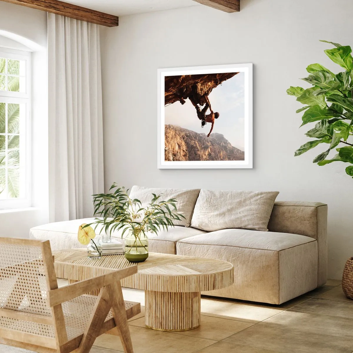 Poster in einem weißen Rahmen - Die Welt ist in einer Hand auf einem Felsblock geschrumpft - 60x60 cm