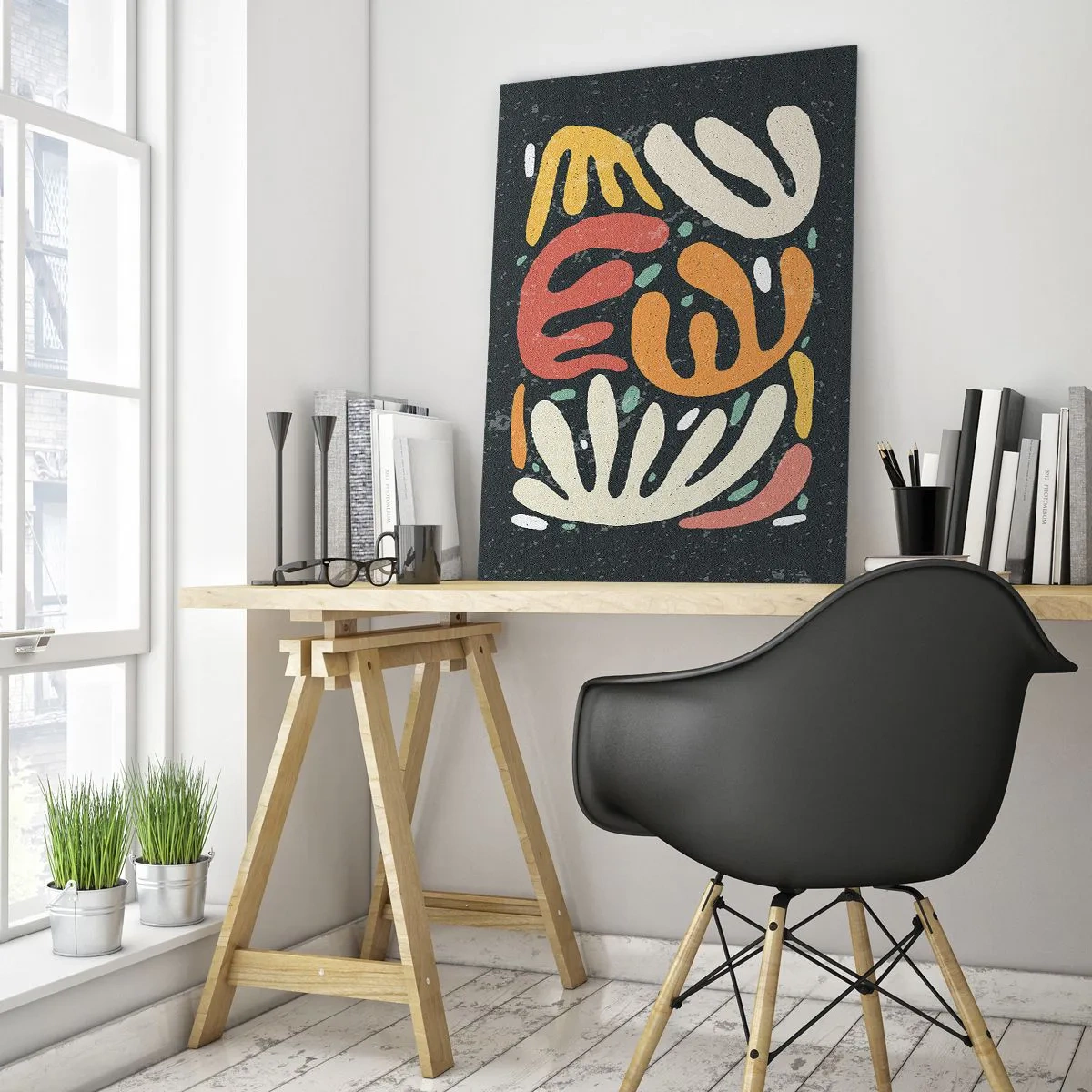 Glasbild - Bild auf glas - Abstrakte Formen in warmen Farben auf dunklem Hintergrund - 70x100cm - Komposition – Ich erwische dich gleich - Moderne Wanddekoration für Wohnzimmer und Schlafzimmer ARTTOR