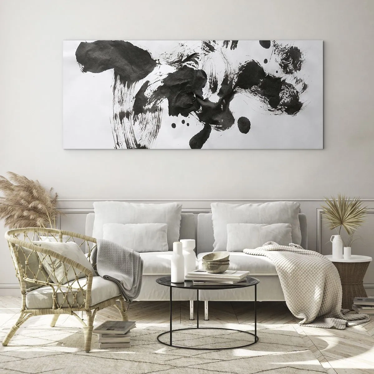 Glasbild - Bild auf glas - Abstrakte Komposition aus schwarzen Flecken auf weißem Hintergrund - 140x50cm - Obwohl das Wahnsinn ist, steckt darin eine Methode? - Moderne Wanddekoration für Wohnzimmer und Schlafzimmer ARTTOR