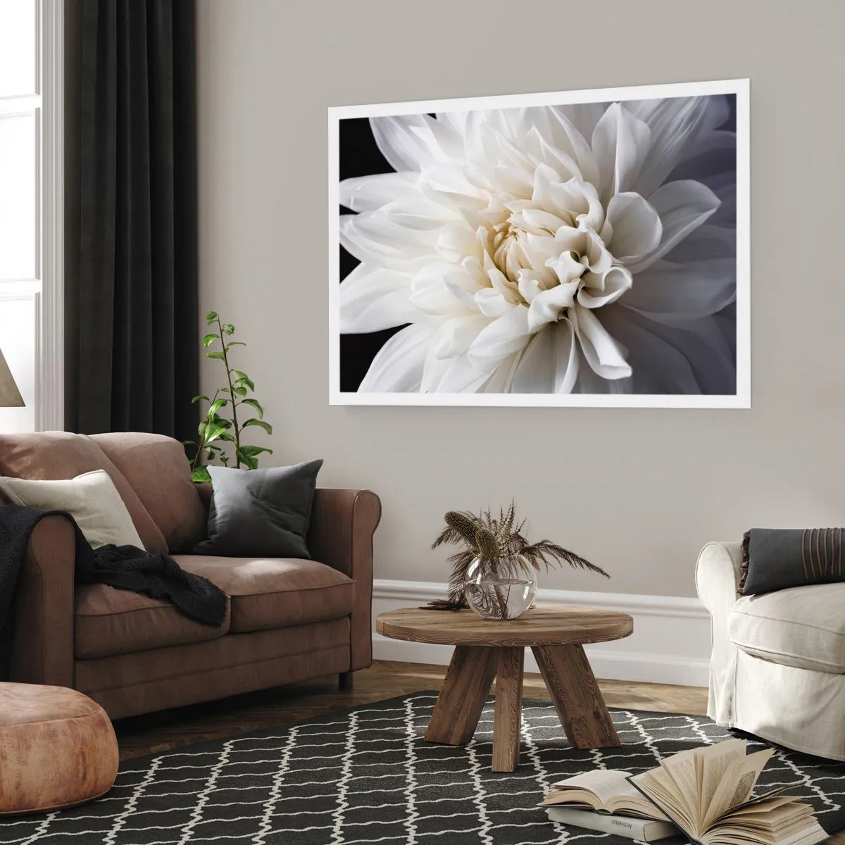 Poster - Eine zarte weiße Blume auf schwarzem Hintergrund in einer eleganten Komposition - 100x70cm - Der Morgen der Braut - Moderne Wanddekoration für Wohnzimmer und Schlafzimmer ARTTOR