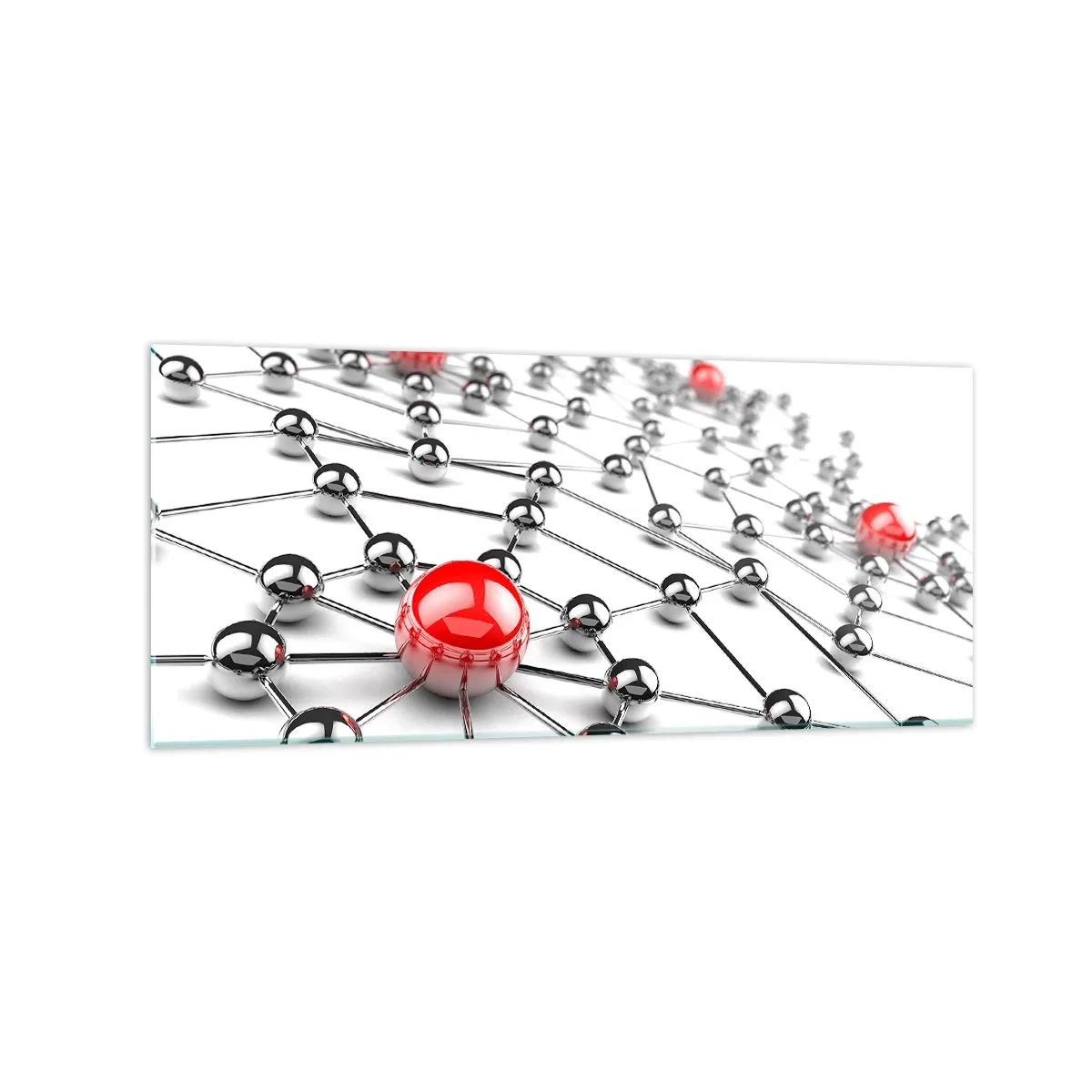 Glasbild - Bild auf glas - Ein Netzwerk aus metallischen Kugeln mit roten Akzenten - 120x50cm - Silbriges Netz - Moderne Wanddekoration für Wohnzimmer und Schlafzimmer ARTTOR