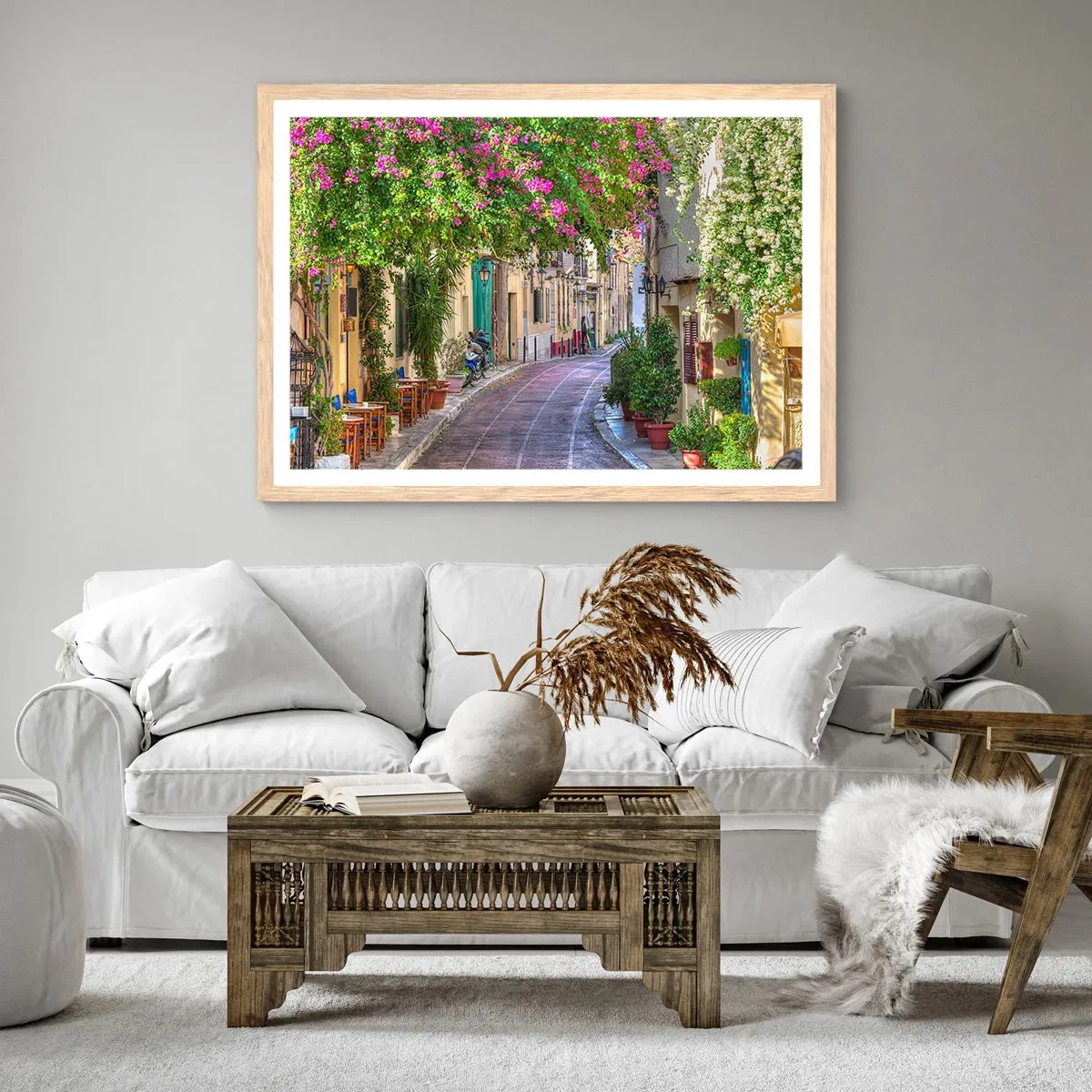 Poster in einem Rahmen aus heller Eiche - Blühende Gasse - 40x30 cm