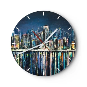 Wanduhr - Glasuhr - Nachtpanorama der Stadt mit Lichtreflexionen auf dem Wasser - 30x30cm - Kaskade von Lichtern - Moderne Wanddekoration für Wohnzimmer, Küche und Schlafzimmer ARTTOR