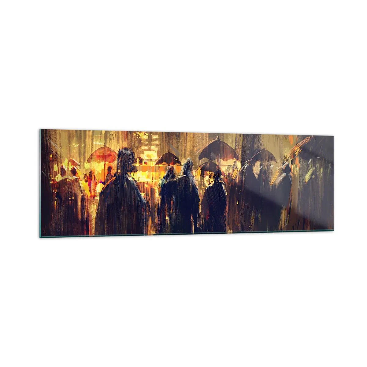 Glasbild - Bild auf glas - Figuren mit Regenschirmen in einer verregneten Stadt bei Nacht - 160x50cm - Anhänger des Regens - Moderne Wanddekoration für Wohnzimmer und Schlafzimmer ARTTOR
