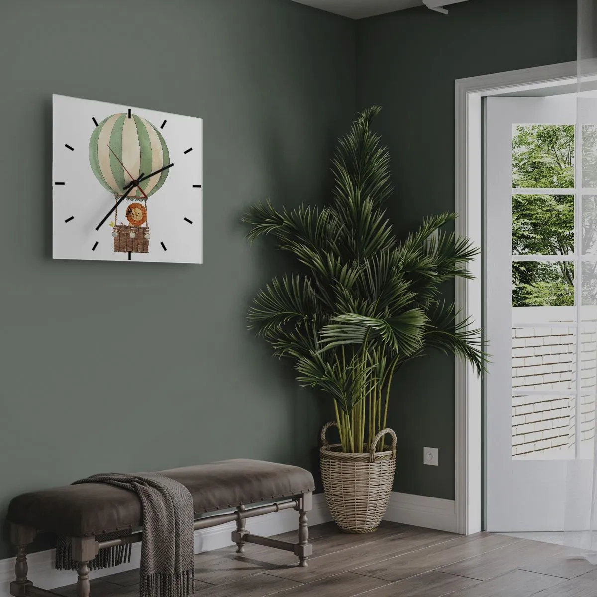 Wanduhr - Glasuhr - Ein Ballon mit einem lächelnden Löwen in einem pastellfarbenen Korb - 30x30cm - Leons Reisen - Moderne Wanddekoration für Wohnzimmer und Schlafzimmer ARTTOR