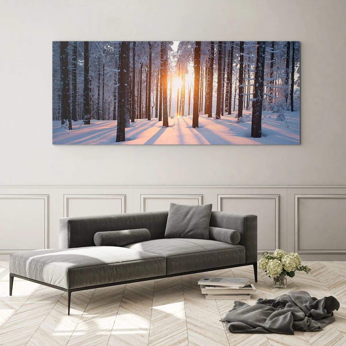Glasbild - Bild auf glas - Winterwald, beleuchtet von den Sonnenstrahlen - 160x50cm - Ganz klar schwarz auf weiß - Moderne Wanddekoration für Wohnzimmer und Schlafzimmer ARTTOR
