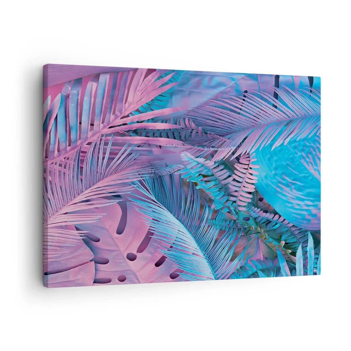 Bild auf Leinwand - Leinwandbild - Tropische Blätter in Rosa- und Blautönen - 70x50cm - Tropen in Rosa und Blau - Moderne Wanddekoration für Wohnzimmer und Schlafzimmer ARTTOR