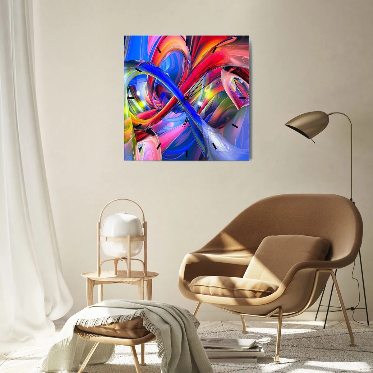 Wanduhr - Glasuhr - Abstrakte, farbenfrohe geometrische Kompositionen in dynamischen Formen - 30x30cm - Ein Tanz der Farben - Moderne Wanddekoration für Wohnzimmer und Schlafzimmer ARTTOR