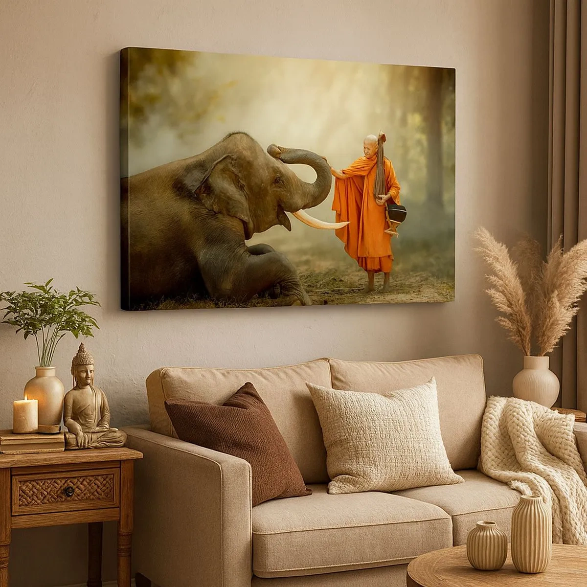 Bild auf Leinwand - Leinwandbild - Ein Mönch und ein Elefant in Harmonie vor der Kulisse der Natur - 70x50cm - Treffen unterwegs - Moderne Wanddekoration für Wohnzimmer und Schlafzimmer ARTTOR