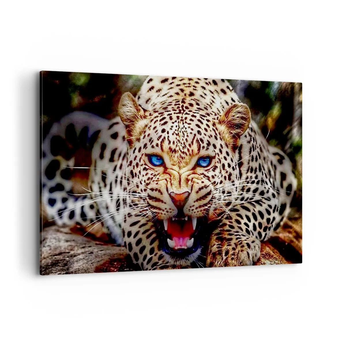 Bild auf Leinwand - Leinwandbild - Ein bedrohlicher Leopard mit intensiv blauen Augen - 120x80cm - Schönheitswut tut nicht weh - Moderne Wanddekoration für Wohnzimmer und Schlafzimmer ARTTOR