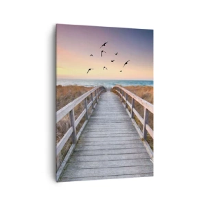 Bild auf Leinwand - Leinwandbild - Holzsteg zum Strand bei Sonnenuntergang - 70x100cm - Der Raum für Auffliegen - Moderne Wanddekoration für Wohnzimmer und Schlafzimmer ARTTOR