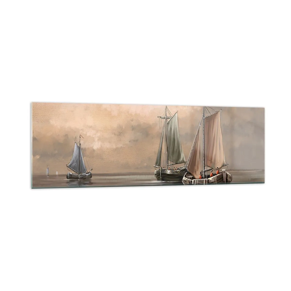 Glasbild - Bild auf glas - Segelboote auf ruhigem Meer in pastellfarbener Umgebung - 160x50cm - Die Rückkehr der Matrosen - Moderne Wanddekoration für Wohnzimmer und Schlafzimmer ARTTOR