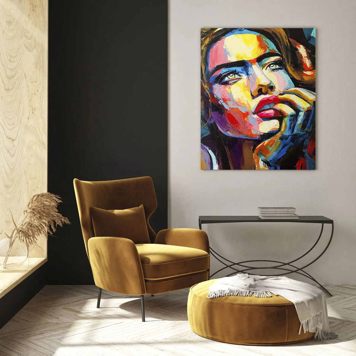 Glasbild - Bild auf glas - Farbenfrohes Frauenporträt im expressionistischen Stil - 80x120cm - Träume fliegen am Himmel wie Vögel - Moderne Wanddekoration für Wohnzimmer und Schlafzimmer ARTTOR