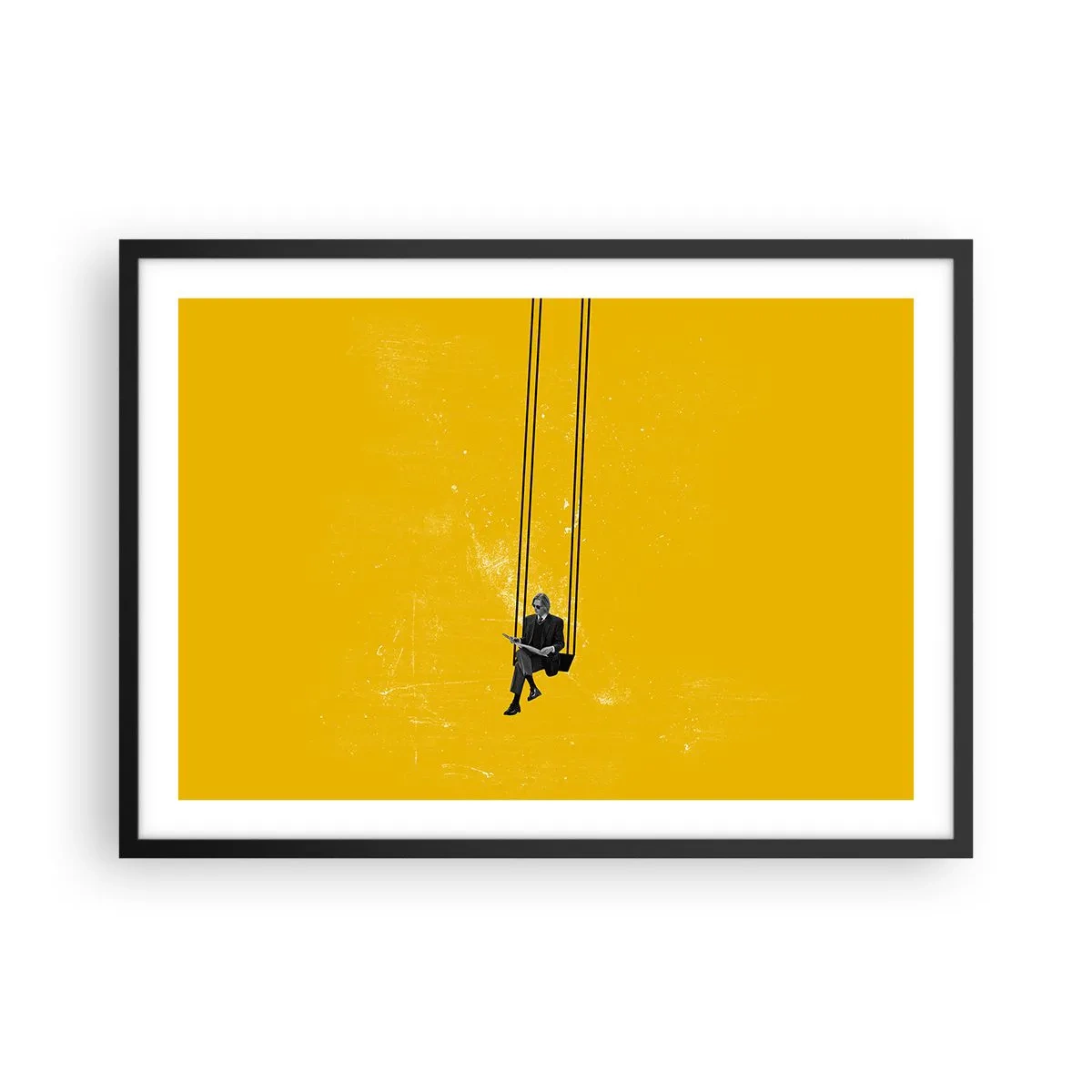 Poster in einem schwarzem Rahmen - Eine Person auf einer Schaukel vor einem intensiv gelben Hintergrund - 70x50cm - Tag wie jeder andere - Moderne Wanddekoration für Wohnzimmer und Schlafzimmer ARTTOR
