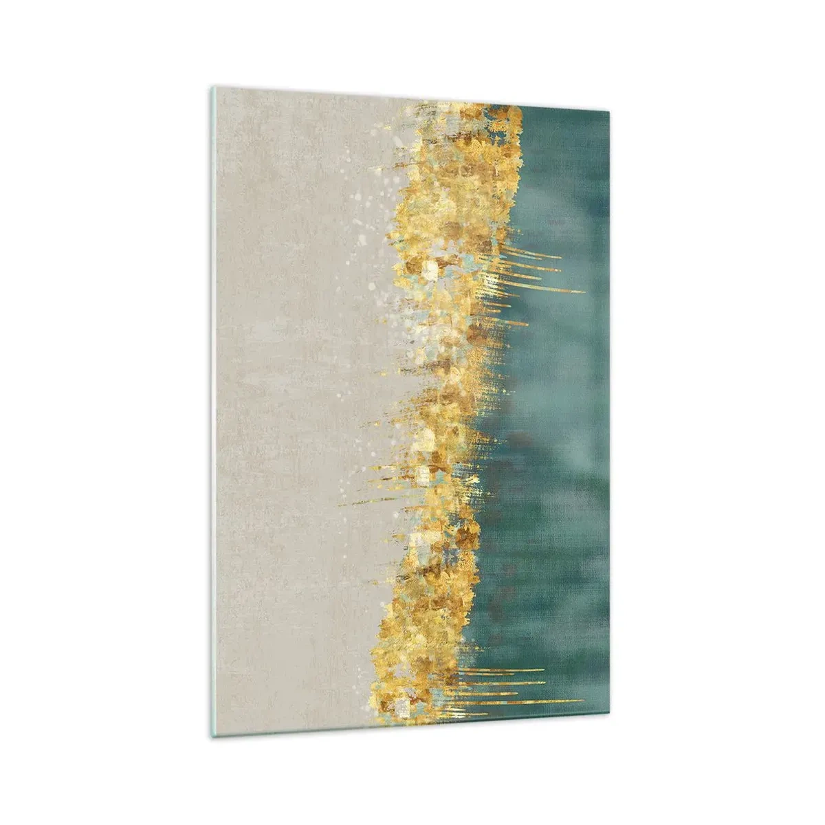 Glasbild - Bild auf glas - Goldene Akzente auf grün-beigem Untergrund - 70x100cm - Goldener Rand - Moderne Wanddekoration für Wohnzimmer und Schlafzimmer ARTTOR