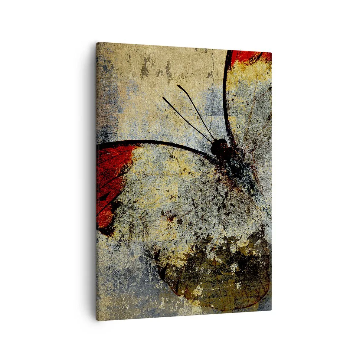Bild auf Leinwand - Leinwandbild - Ein Schmetterling in Rot- und Grautönen auf strukturiertem Hintergrund - 50x70cm - Pass auf, bevor ich verschwinde - Moderne Wanddekoration für Wohnzimmer und Schlafzimmer ARTTOR