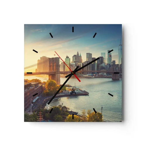 Wanduhr - Glasuhr - Panorama der Stadt mit der Brücke bei Sonnenuntergang - 30x30cm - Morgendämmerung der Großstadt - Moderne Wanddekoration für Wohnzimmer und Schlafzimmer ARTTOR