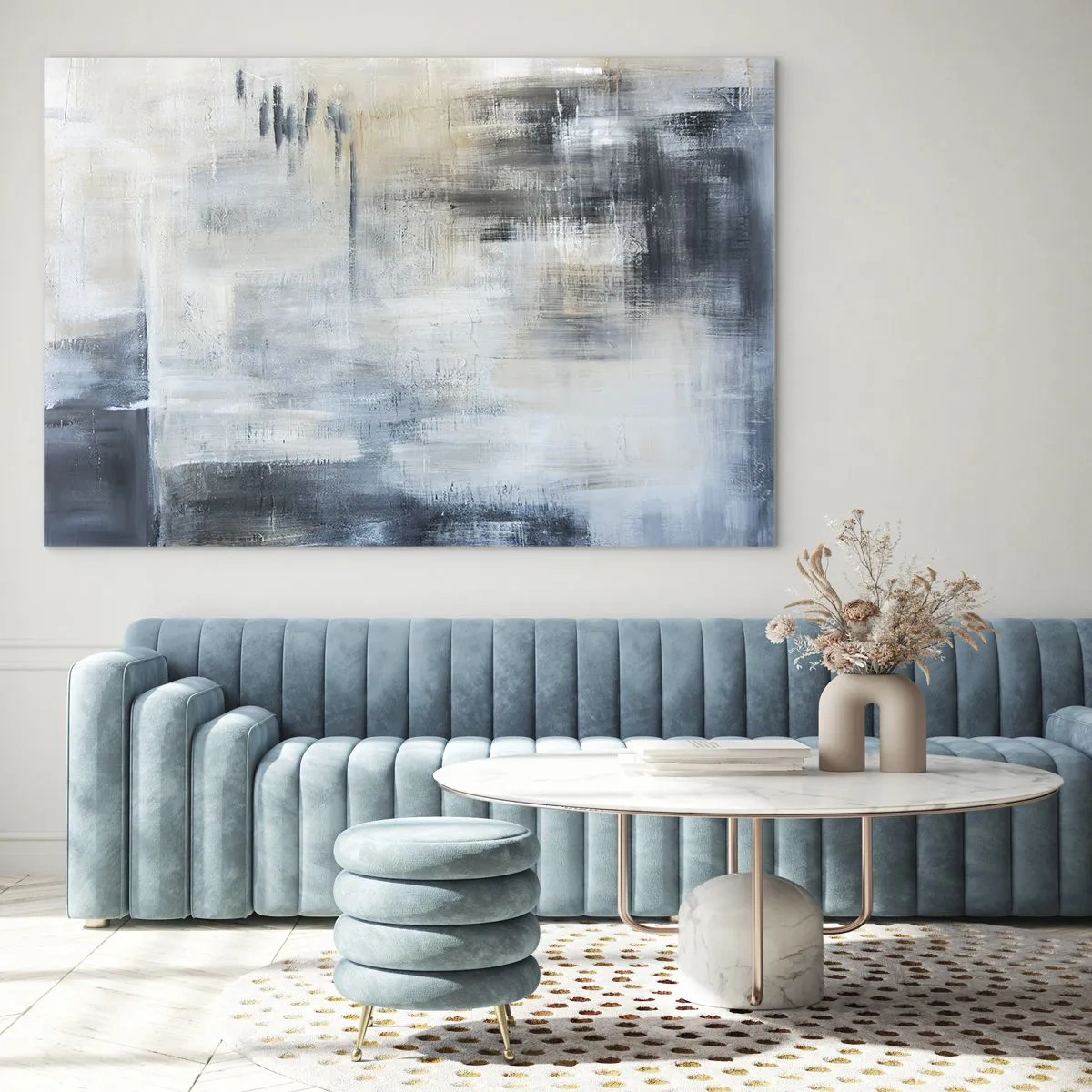 Glasbild - Bild auf glas - Abstrakte Komposition in Blau- und Grautönen - 70x50cm - Hinter dem blauen Vorhang - Moderne Wanddekoration für Wohnzimmer und Schlafzimmer ARTTOR