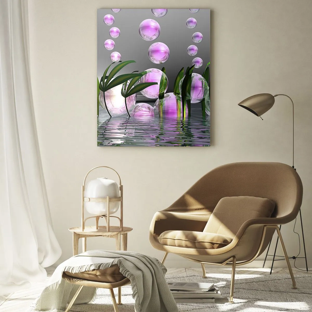 Glasbild - Bild auf glas - Grüne Blätter und rosa Blasen über dem Wasser auf grauem Hintergrund - 80x120cm - Eine reflektierende Komposition aus Leichtigkeit und Leben - Moderne Wanddekoration für Wohnzimmer und Schlafzimmer ARTTOR