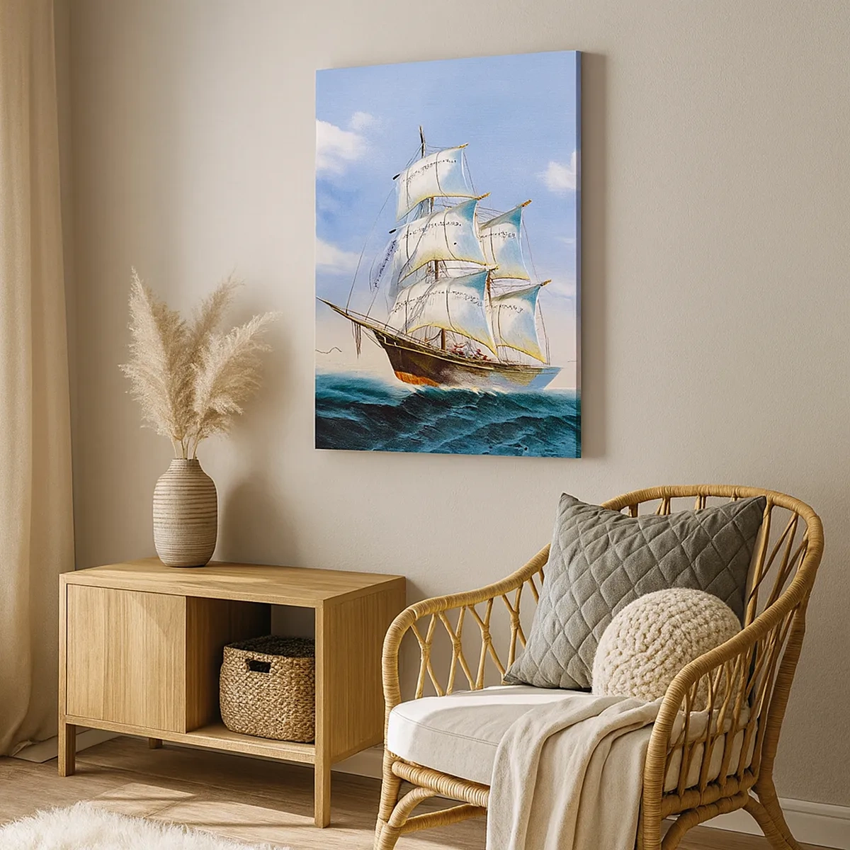 Bild auf Leinwand - Leinwandbild - Ein Segelschiff auf offener See unter blauem Himmel - 50x70cm - Mit Stolz mit dem Wind - Moderne Wanddekoration für Wohnzimmer und Schlafzimmer ARTTOR