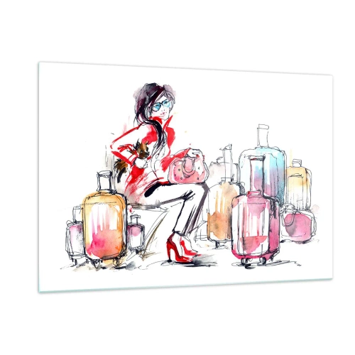 Glasbild - Bild auf glas - Eine Frau in einem roten Mantel, umgeben von Koffern in einem skizzenhaften Stil. - 120x80cm - Setzen wir uns vor der Reise hin - Moderne Wanddekoration für Wohnzimmer und Schlafzimmer ARTTOR