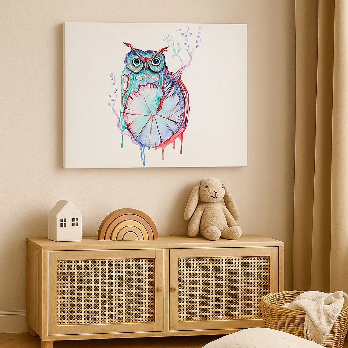 Bild auf Leinwand - Leinwandbild - Bunte Aquarell-Eule im künstlerischen Stil - 70x50cm - Von Natur aus klug - Moderne Wanddekoration für Wohnzimmer und Schlafzimmer ARTTOR