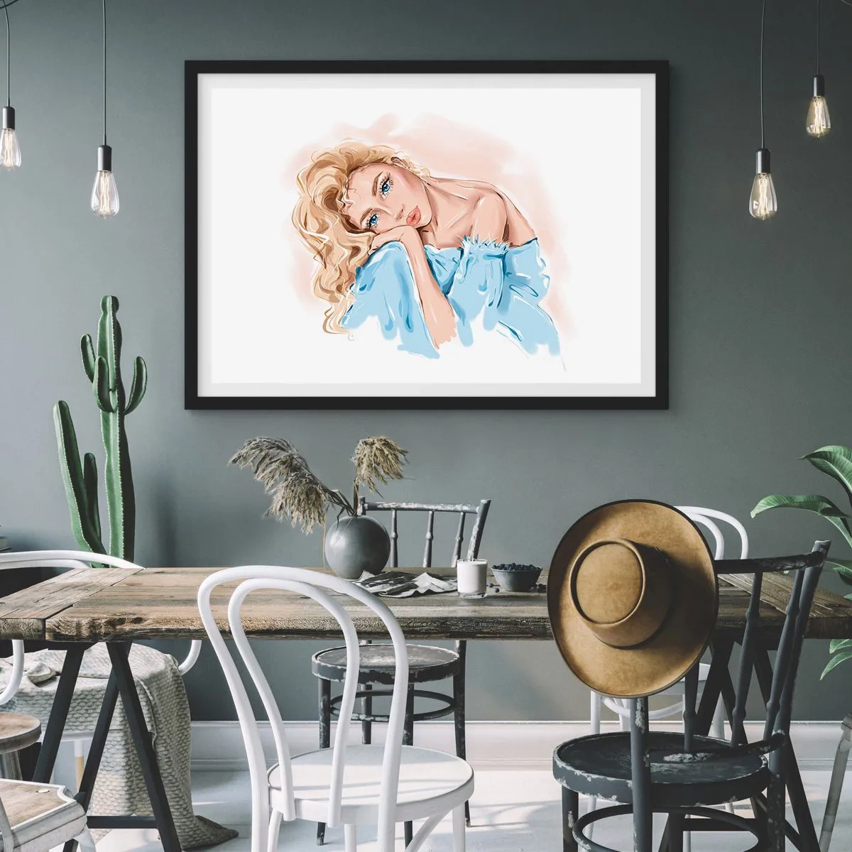 Poster in einem schwarzem Rahmen - Porträt einer Frau in einem blauen Kleid mit blonden Haaren - 70x50cm - Verträumt im Blau - Moderne Wanddekoration für Wohnzimmer und Schlafzimmer ARTTOR