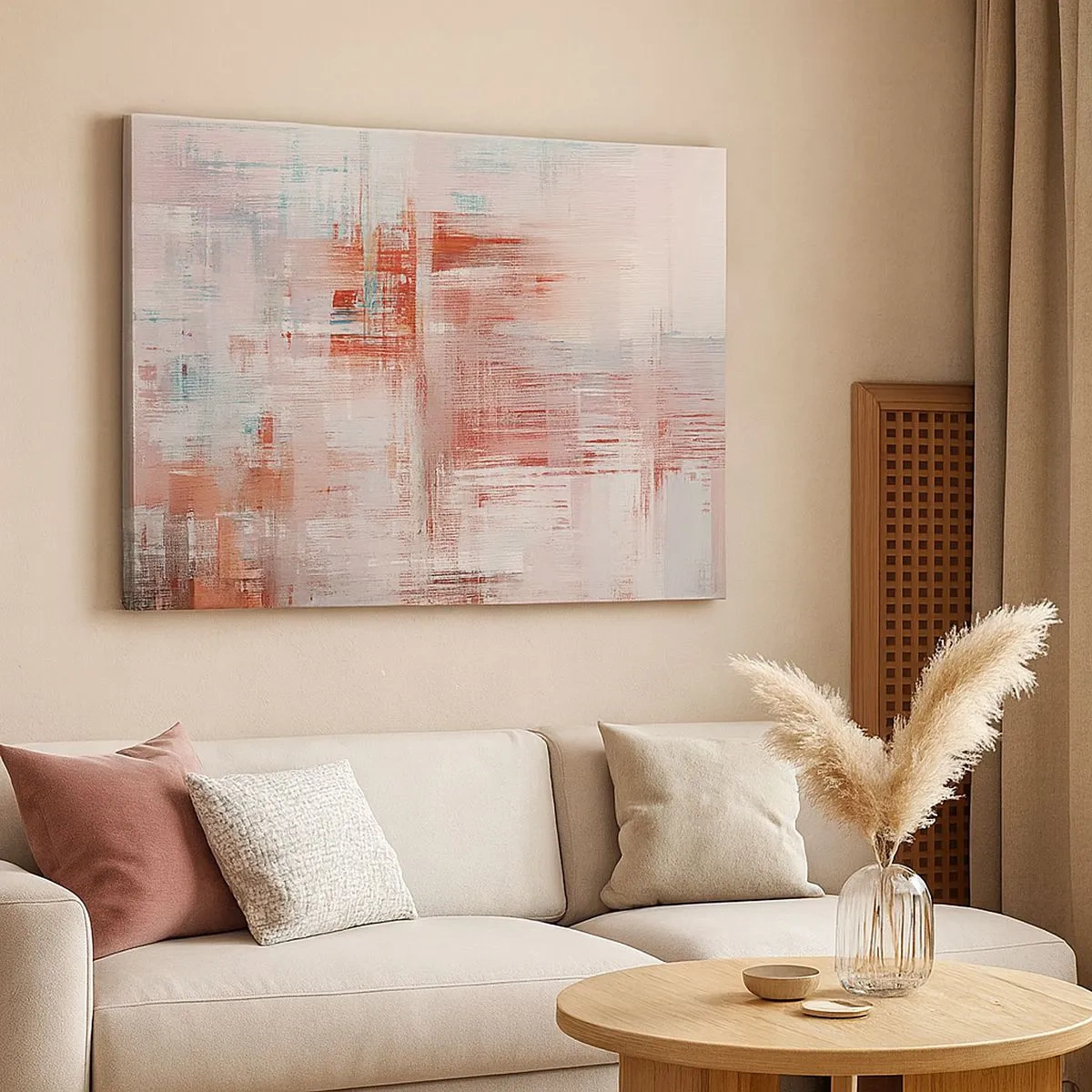 Bild auf Leinwand - Leinwandbild - Eine abstrakte Komposition mit Rottönen und Pastellfarben. - 70x50cm - Dunstig. Aber rosa - Moderne Wanddekoration für Wohnzimmer und Schlafzimmer ARTTOR