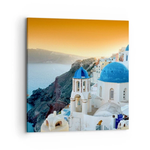 Bild auf Leinwand - Leinwandbild - Santorini - an die Felsen gekuschelt - 70x70 cm