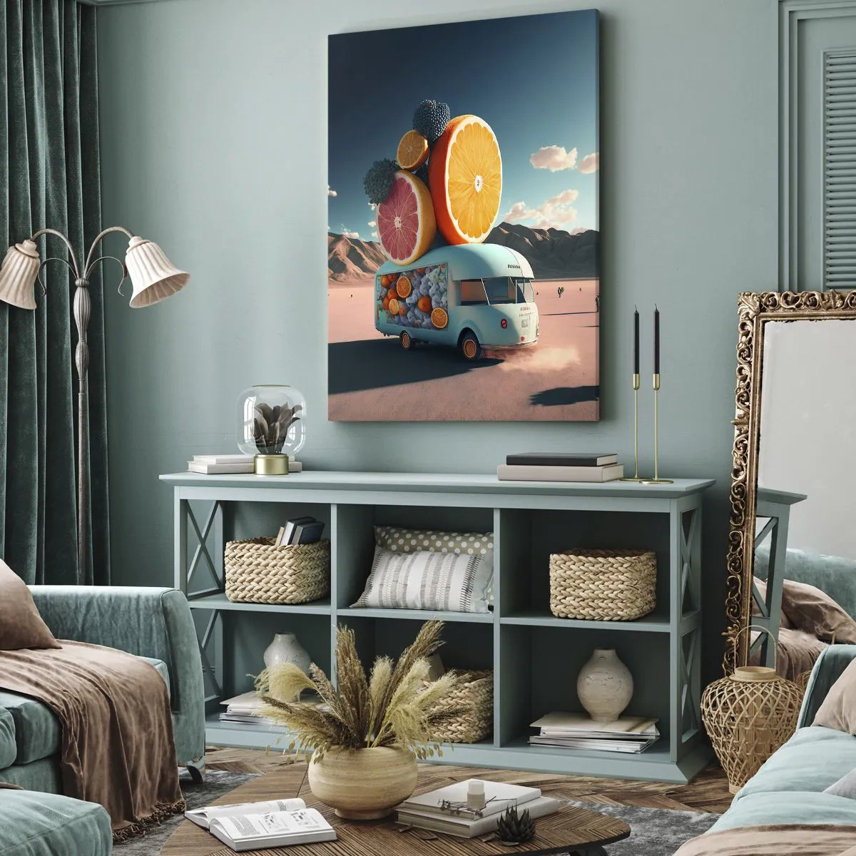 Bild auf Leinwand - Leinwandbild - Obstwagen in einer Wüstenlandschaft - 50x70cm - Geschmack von Urlaub - Moderne Wanddekoration für Wohnzimmer und Schlafzimmer ARTTOR