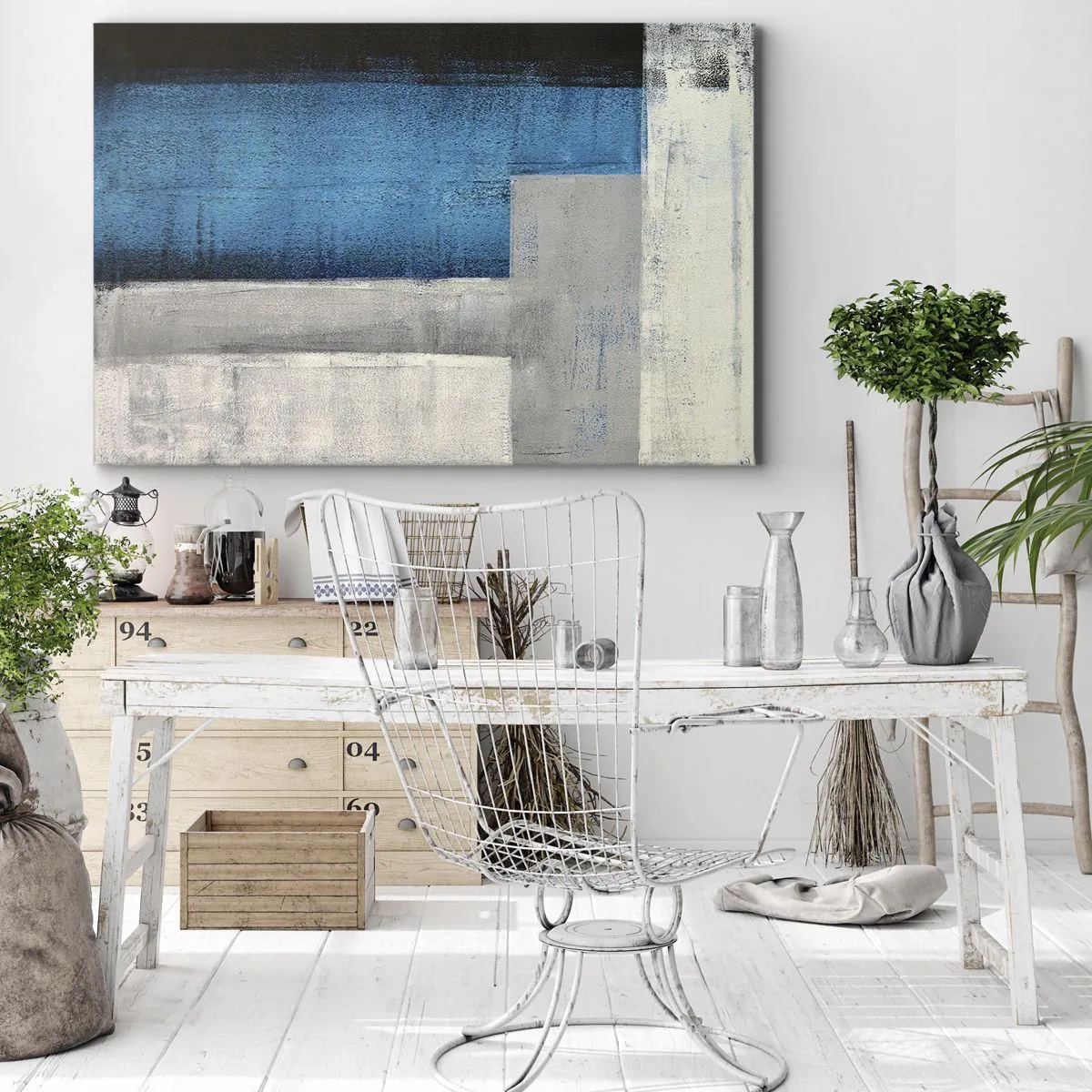 Bild auf Leinwand - Leinwandbild - Eine abstrakte Komposition mit Blau-, Grau- und Weißtönen. - 70x50cm - Poetische Komposition aus Grau und Blau - Moderne Wanddekoration für Wohnzimmer und Schlafzimmer ARTTOR