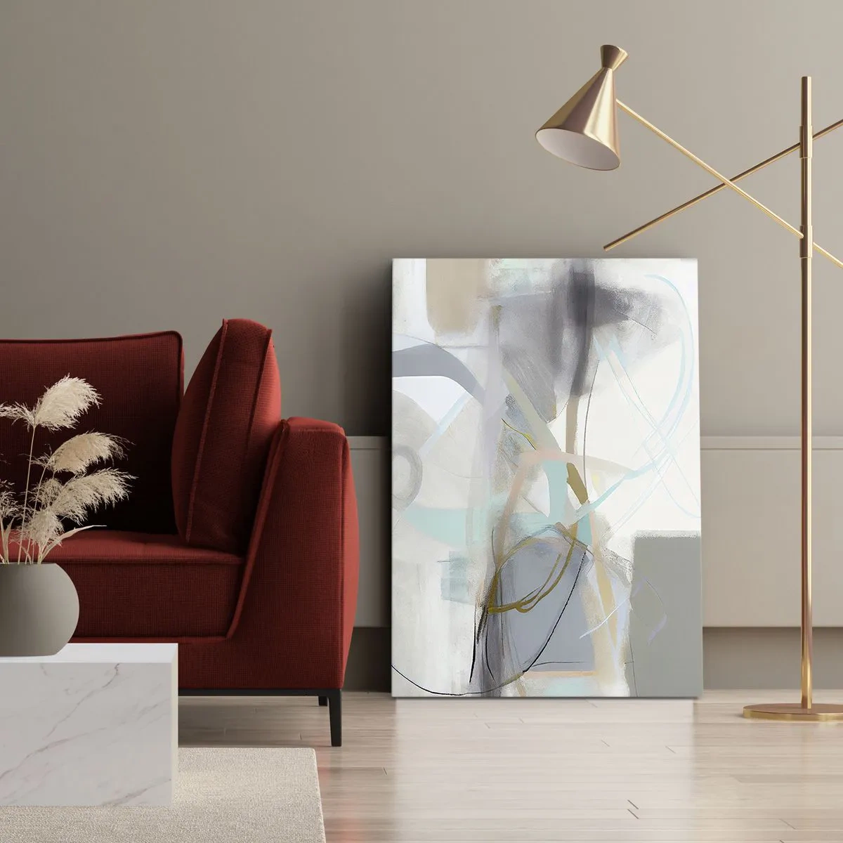 Bild auf Leinwand - Leinwandbild - Pastellabstraktion mit zarten Linien - 50x70cm - Neblige Abstraktion - Moderne Wanddekoration für Wohnzimmer und Schlafzimmer ARTTOR