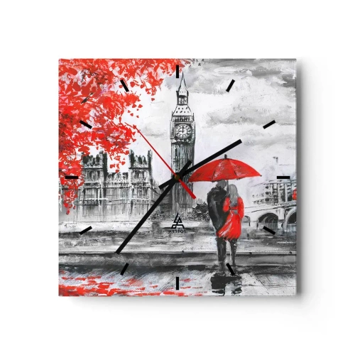 Wanduhr - Glasuhr - Romantische Szene mit Big Ben und einem roten Regenschirm - 30x30cm - Verliebt in London - Moderne Wanddekoration für Wohnzimmer und Schlafzimmer ARTTOR