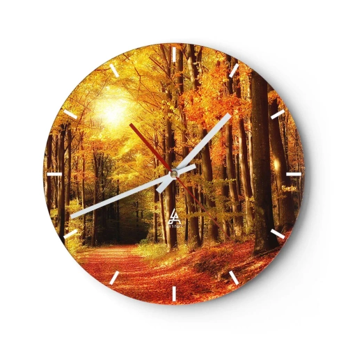 Wanduhr - Glasuhr - Herbstwald mit warmen Sonnenstrahlen - 30x30cm - Goldener Herbst auf einer Forststraße - Moderne Wanddekoration für Wohnzimmer, Küche und Schlafzimmer ARTTOR