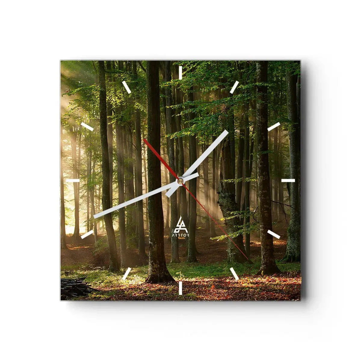 Wanduhr - Glasuhr - Sonnenstrahlen dringen durch die Bäume im Wald - 30x30cm - Strahlend an einem Frühlingsmorgen - Moderne Wanddekoration für Wohnzimmer und Schlafzimmer ARTTOR