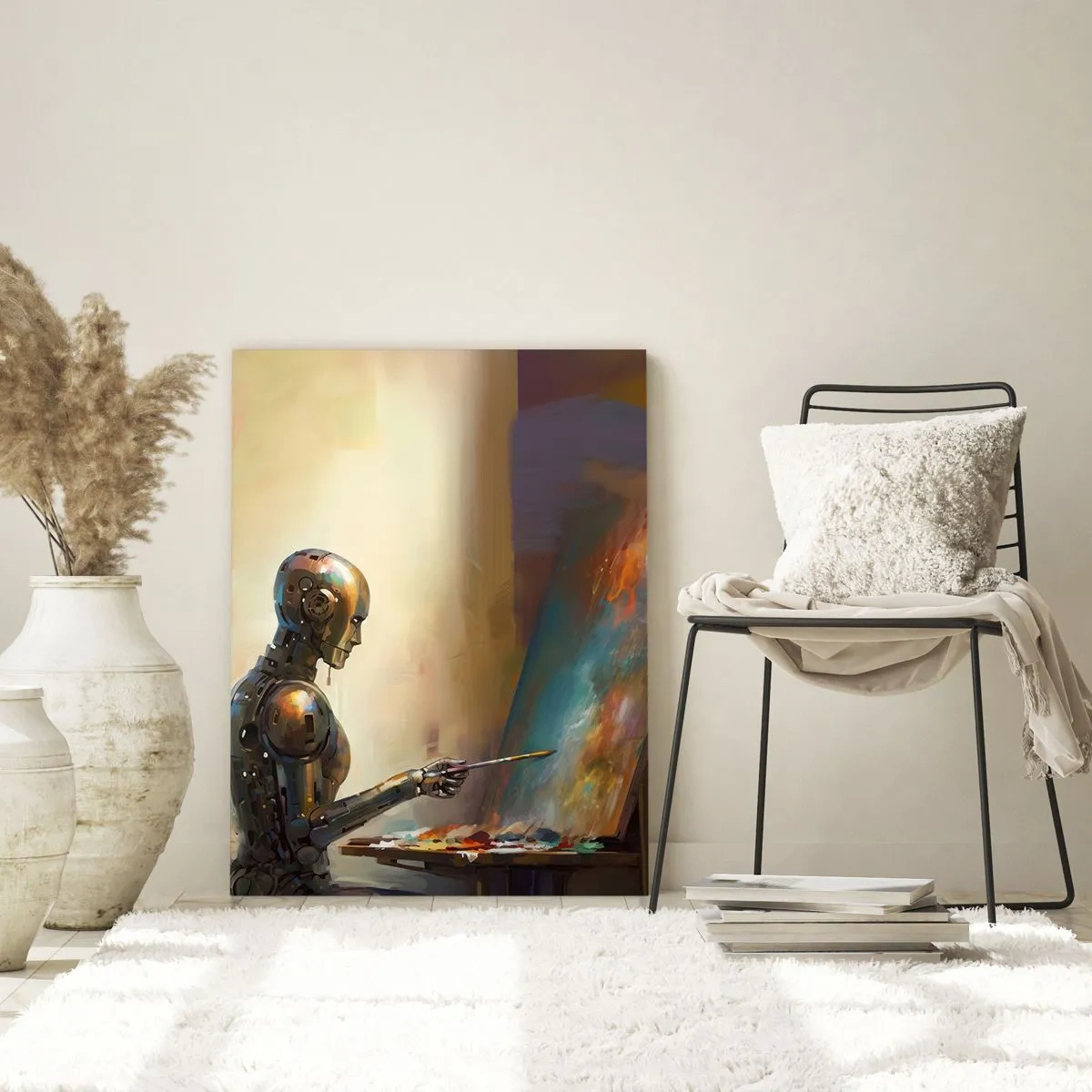 Glasbild - Bild auf glas - Ein Roboter malt ein Bild an einer Staffelei - 50x70cm - Die Kunst der Zukunft - Moderne Wanddekoration für Wohnzimmer und Schlafzimmer ARTTOR