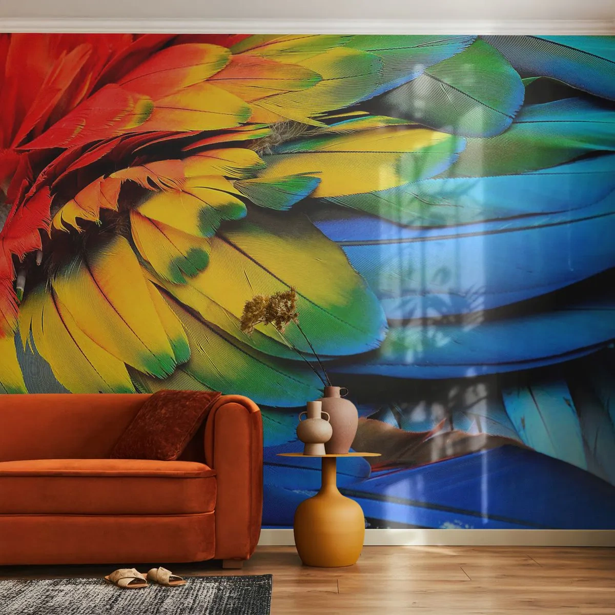 Fototapete Premium Sand - Paradiesvogel - Bunte Federn, Papageienfedern, Tiere - 100x70 cm