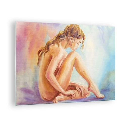 Glasbild - Bild auf glas - Eine Frau in subtiler Reflexion vor einem Hintergrund in Pastellfarben - 70x50cm - Akt der Jugend - Moderne Wanddekoration für Wohnzimmer und Schlafzimmer ARTTOR