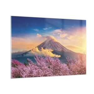 Glasbild - Bild auf glas - Der Berg Fuji im Hintergrund mit blühenden Sakura-Bäumen im Vordergrund - 100x70cm - Japanische Heiligkeit - Moderne Wanddekoration für Wohnzimmer und Schlafzimmer ARTTOR