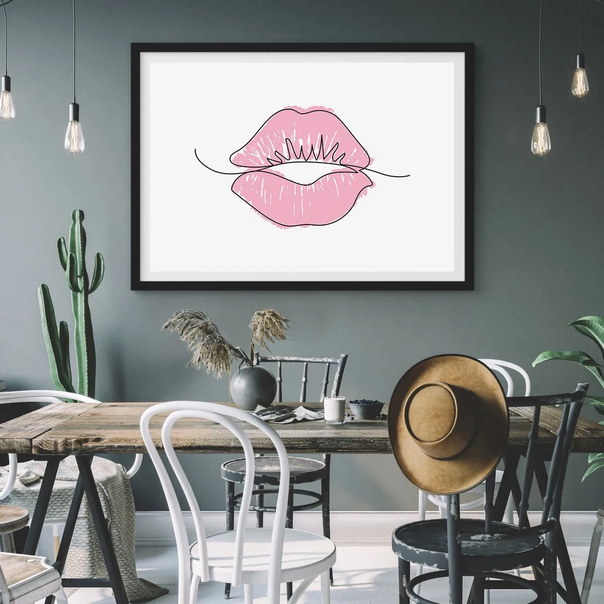Poster in einem schwarzem Rahmen - Minimalistische Lippenzeichnung in einem Rosaton - 70x50cm - Bereit zum Küssen? - Moderne Wanddekoration für Wohnzimmer und Schlafzimmer ARTTOR