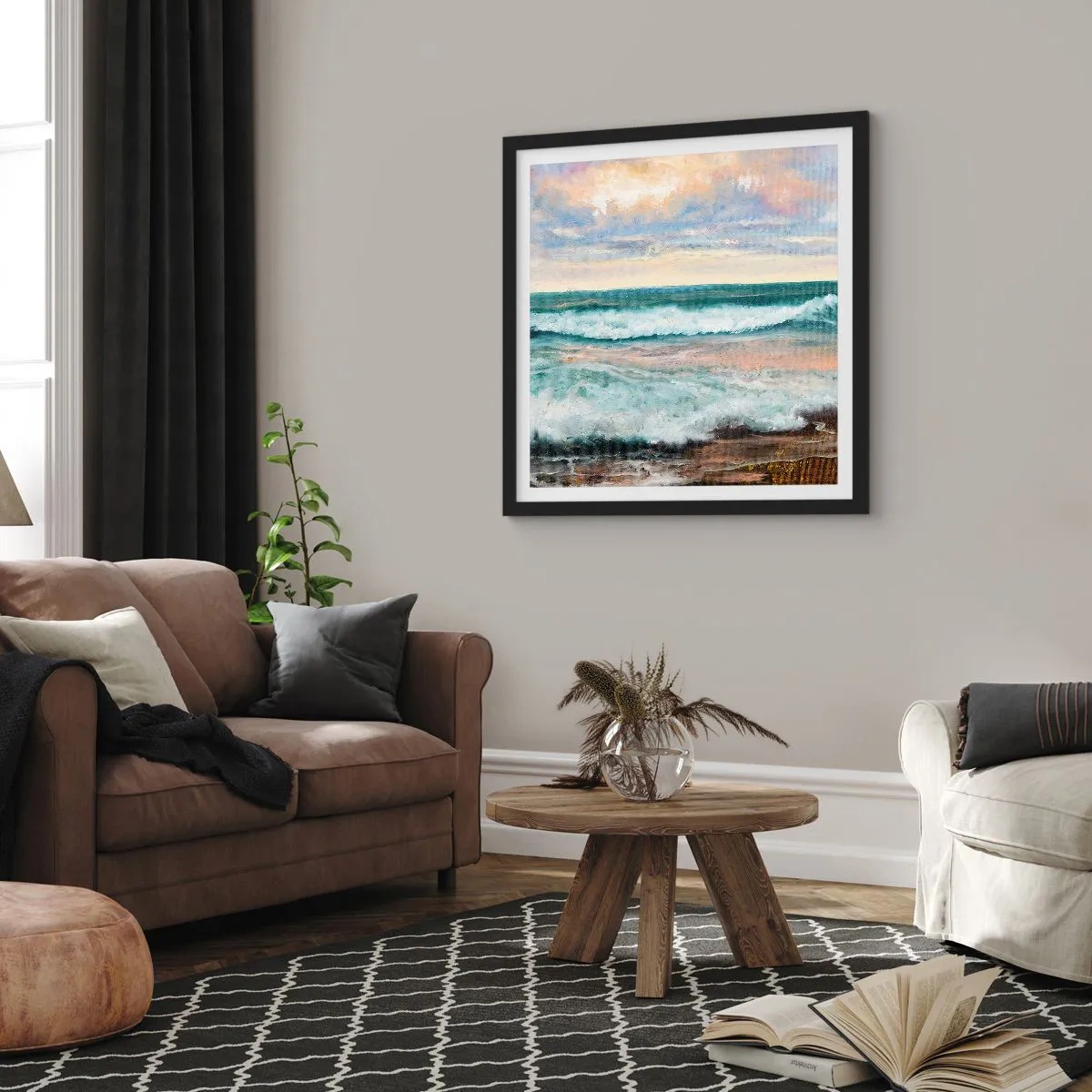 Poster in einem schwarzem Rahmen - Hier werden Sie Ihre Seele baumeln lassen - 60x60 cm