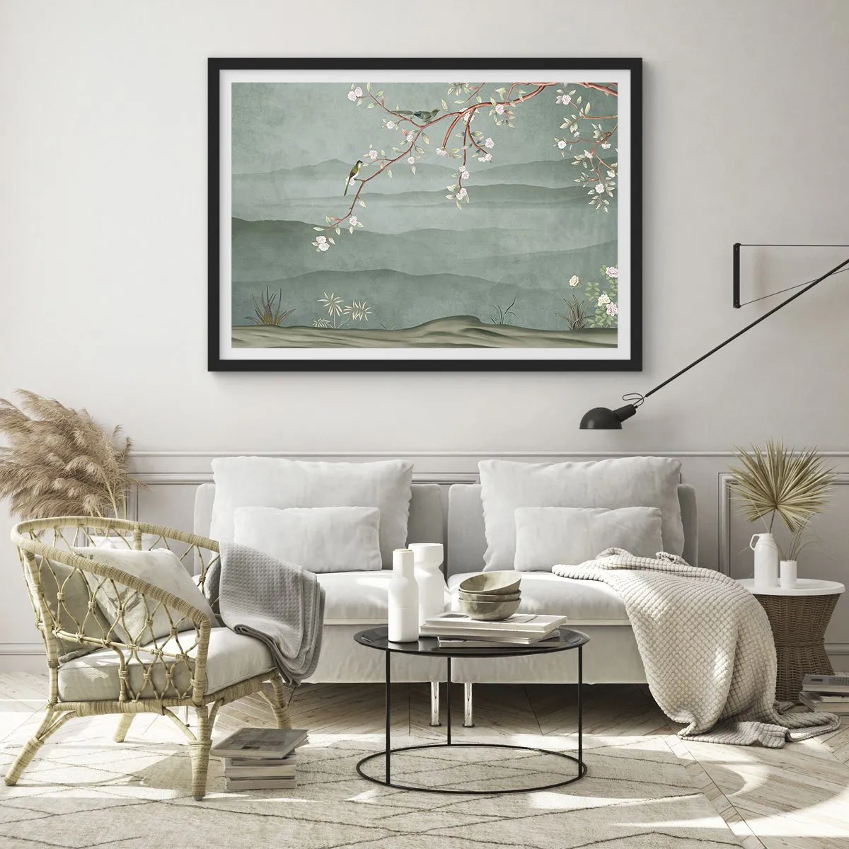 Poster in einem schwarzem Rahmen - Ein malerisches Bild eines blühenden Baumzweigs mit Vögeln vor dem Hintergrund grüner Hügel. - 70x50cm - Frühling, oh, du bist es - Moderne Wanddekoration für Wohnzimmer und Schlafzimmer ARTTOR