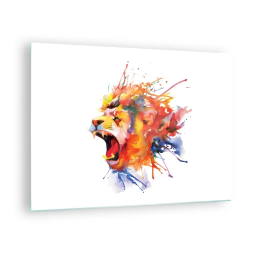 Glasbild - Bild auf glas - Bunter Löwe im Aquarellstil auf weißem Hintergrund - 70x50cm - Um vor Wut zu explodieren - Moderne Wanddekoration für Wohnzimmer und Schlafzimmer ARTTOR